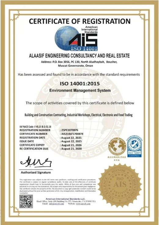 ISO 14001:2015 certificate held by Alaasif Engineering Consultancy