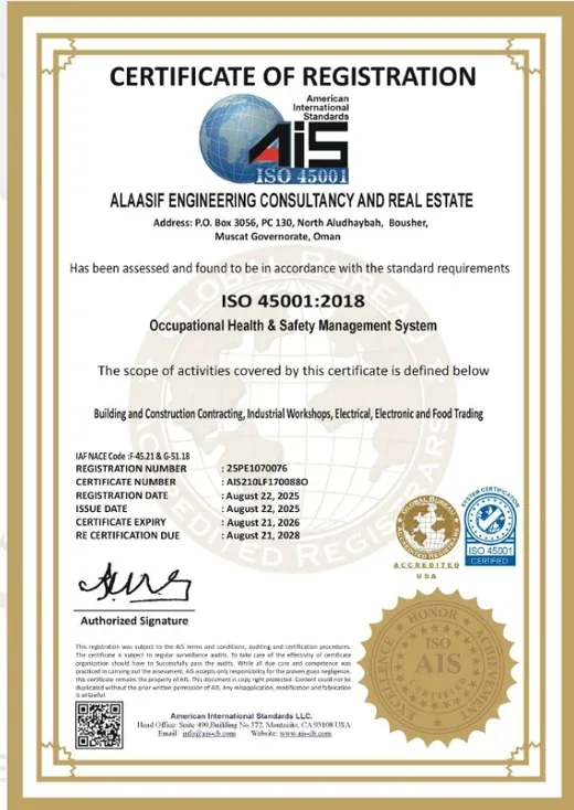 ISO 45001:2018 certificate held by Alaasif Engineering Consultancy