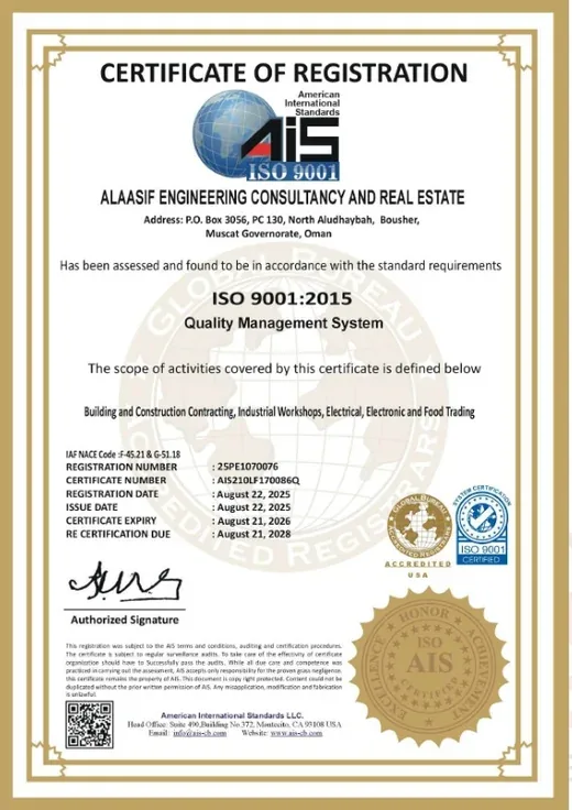 ISO 9001:2015 certificate held by Alaasif Engineering Consultancy